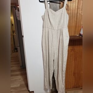 Linen Blend Cami Overall Jumpsuit Smocked Stretch Back Large Relaxed Fit